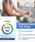 Rock Solid 16 In 1 Drinking Water Test Strips 20 Pack No Guesswork Home Kit for tap water testing at kitchen sink.