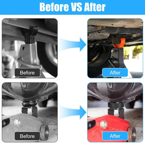 Comparison of vehicle lifting using Universal Rubber Jack Stand Pads 8 Pack With Round And V Groove Designs Heavy Duty Pinch Weld Protectors.