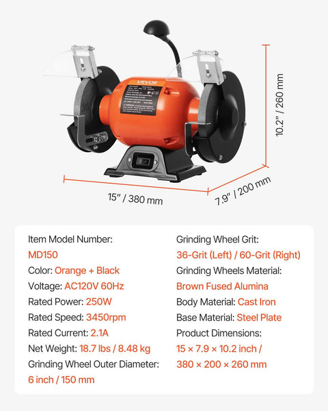 Badass Six Inch Bench Grinder With 3450 Rpm Single Speed Motor And Dual Grit Grinding Wheels Paired With Bright Led Work Light, orange and black design viewing from the side.