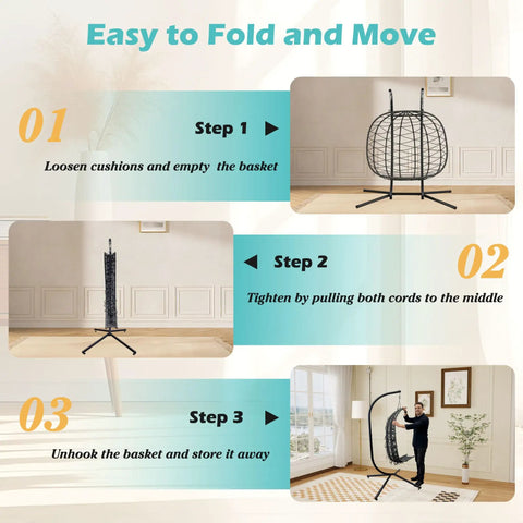 Instructions for folding and storing Double Outdoor Hanging Egg Chair With Stand And Oversized Cushion, shown step by step.