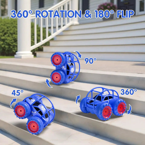 Amphibious RC Car With 360° Rotating LED, demonstrating 360° rotation on outdoor steps.