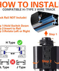 Installation guide for Lit 12W RGBW Track Light Heads with H Type 3 wire track compatibility instructions.