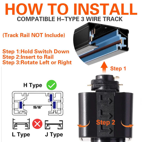 Installation guide for Lit 12W RGBW Track Light Heads with H Type 3 wire track compatibility instructions.