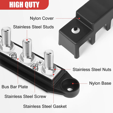 Heavy Duty 250A 12V Power Distribution Block With Four 5/16 Studs Solid Build Marine And Solar Wiring Assembly with nylon cover and stainless steel studs.