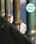 Close-up of rusted metal bars with a 'stop rust' symbol, illustrating use of All In One Heavy Duty Rust Inhibitor For Metal And Wood And Paint Conditioner 34 Oz Prevents Corrosion Improves Paint Flow And Adhesion Smooth Application Heat Resistant Protection For Metal Machinery And Industrial Equipment.