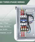 Front view of a 3-phase magnetic motor starter inside a metal NEMA 3R enclosure with L1, L2, N terminals and wiring.