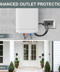 Heavy Duty Horizontal Outdoor Outlet Cover With Type 3R No Fuss All Season Weather Seal For Rain Soaked Zones And IN Box Compatible Recessed Electrical Receptacle Easy Install Cover Plate installed outdoors next to a front door.