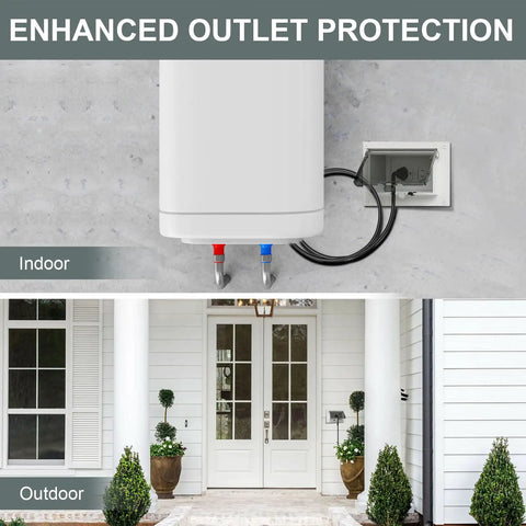 Heavy Duty Horizontal Outdoor Outlet Cover With Type 3R No Fuss All Season Weather Seal For Rain Soaked Zones And IN Box Compatible Recessed Electrical Receptacle Easy Install Cover Plate installed outdoors next to a front door.