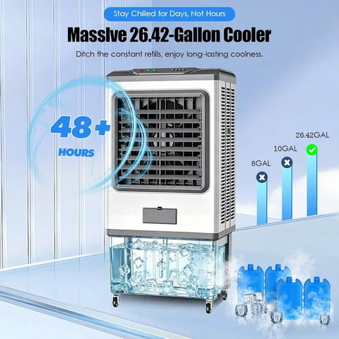 Beefed-Up Portable Evaporative Cooler With 100L Water Tank, Insanely Strong 10000 Cubic Meters Per Hour Airflow, Auto Water Supply, And Wide Oscillation, Heavy-Duty Swamp Cooler For Large Warehouses, Workshops, And Open Spaces, portable unit with 26.42-gallon tank