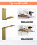 Heavy Duty 6 Inch L Shelf Brackets In Rustic Gold Iron For Industrial Modern Floating Shelves With Hardware DIY Open Shelving 4 Pack Sturdy Support Holds About 80 Lbs displayed with two installation methods