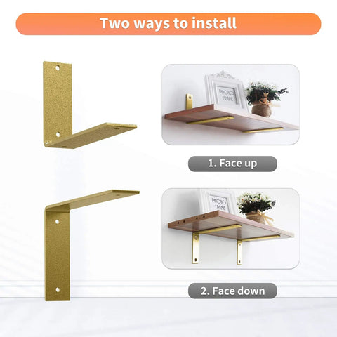 Heavy Duty 6 Inch L Shelf Brackets In Rustic Gold Iron For Industrial Modern Floating Shelves With Hardware DIY Open Shelving 4 Pack Sturdy Support Holds About 80 Lbs displayed with two installation methods