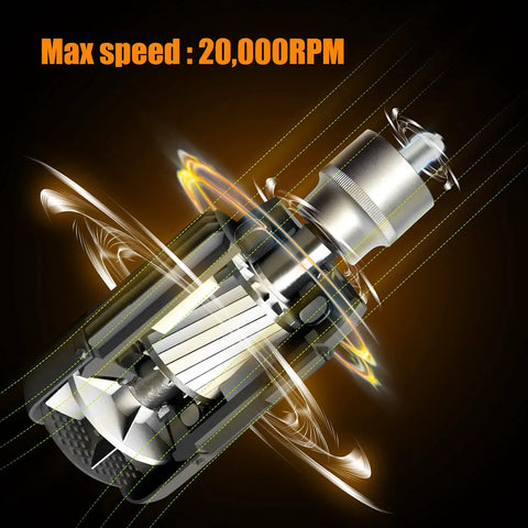 Badass Compact Air Die Grinder With Right Angle 20000 RPM Pneumatic Drive showing internal workings and max speed graphic.