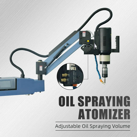 Heavy Duty Electric Tapping Machine With Auto Oil And Air Blow For M3 To M16 Threads showing oil spraying atomizer feature.