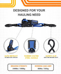 Retractable Ratchet Straps For Boats And Jetskis Two Pack Dockside Ready One Inch Wide By Two And A Half Feet Long Heavy Duty Transom Tie Downs 2400 Pound Break Strength With Safety S Hooks For Seadoo Waverunner PWCs Blue, showing details of auto retract feature and safety clip.