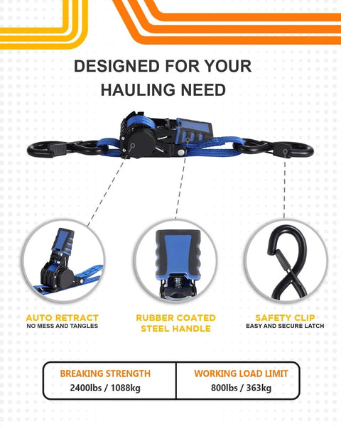 Retractable Ratchet Straps For Boats And Jetskis Two Pack Dockside Ready One Inch Wide By Two And A Half Feet Long Heavy Duty Transom Tie Downs 2400 Pound Break Strength With Safety S Hooks For Seadoo Waverunner PWCs Blue, showing details of auto retract feature and safety clip.