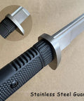 Close-up of stainless guard and TPR grip on 34 Inch Handmade Full Tang High Carbon Steel Samurai Katana With Scabbard For Practice.