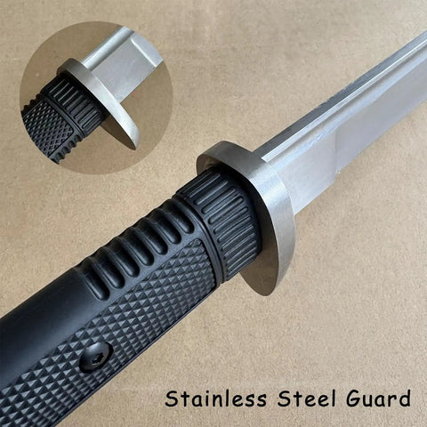 Close-up of stainless guard and TPR grip on 34 Inch Handmade Full Tang High Carbon Steel Samurai Katana With Scabbard For Practice.