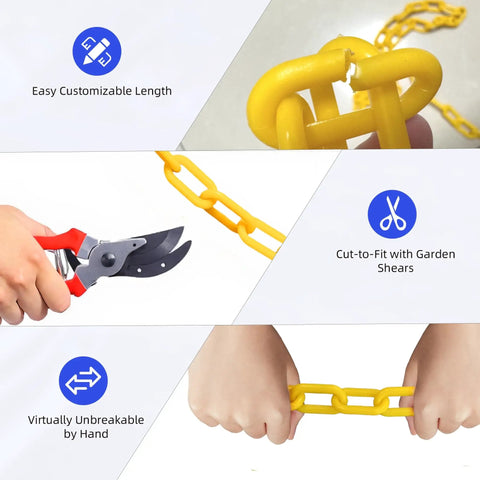 Go-To Yellow Plastic Chain 25 Ft 1.42 Inch Link High Visibility Barrier for Crowd Control showing customizable and durable features