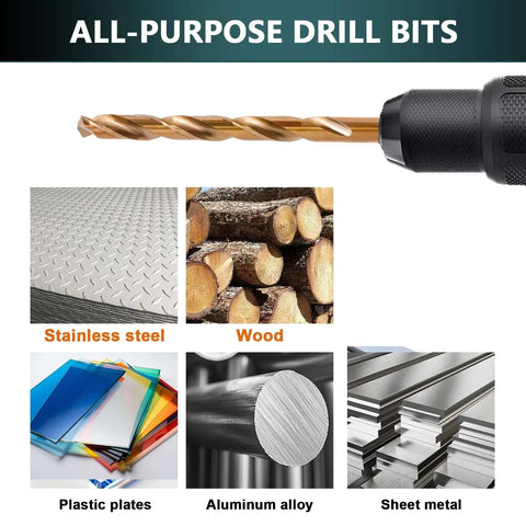 Cobalt drill bit set, 15-piece M35 HSS twist bits with straight shank in storage case for metal, wood, plastic.