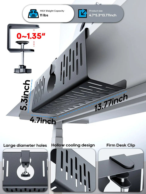 No Drill Under Desk Cable Management Tray With Clamp On Design, Heavy Duty Metal Wire Organizer For Office And Home, 13.8 Inch By 5.3 Inch By 4.7 Inch, Punch Free Desk Cable Tray, Black