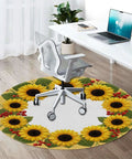 Non Slip Round Furniture Pad For Hardwood Floors With Printed Fabric Top Durable Polyester 0.23 Inch Thick Keeps Furniture From Sliding And Scratches sunflowers pattern under chair on hardwood floor.
