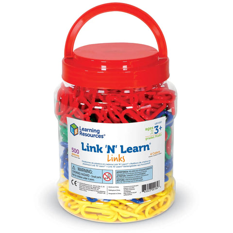 Link N Learn Links Kit For Creative Play And Fine Motor Skills, 500 Colorful Links In 4 Colors With Activity Guide And Storage Bucket. Clear bucket with red lid.