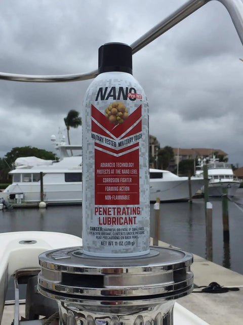 Fast Acting Penetrating Oil Spray 11 Oz For Rusted Bolts Nuts And Threads - Military Grade Lubricant With Nano Diamond Technology, Foam Action shown on a boat.