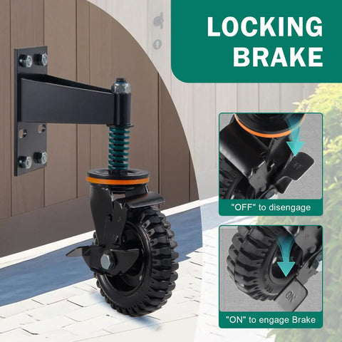 2 Pack Six Inch Gate Wheel With Brake Built Tough Heavy Duty Fence Wheel showing locking brake mechanism