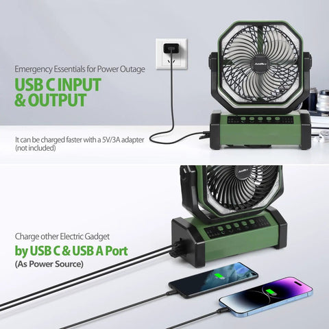 Ultra Powerful 20000mAh Camping Fan With Light And Remote Auto Oscillating Fan Four Timer Modes Up To Sixty Hours Of Cordless Cooling Dual USB Ports To Charge Other Devices Perfect For Travel Outdoors RV Tent And Emergency showing USB ports and device charging