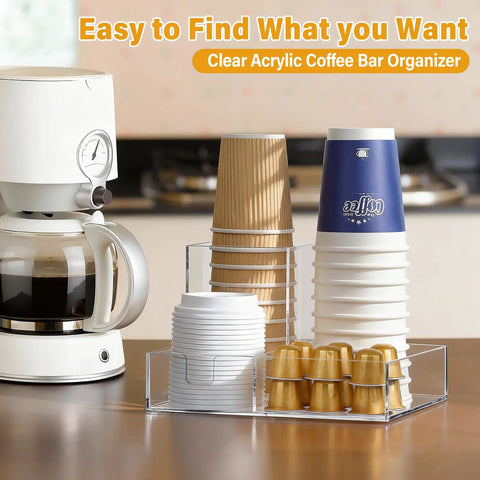 Clear Acrylic Coffee Cup Holder For Countertop With Three Compartments For Cups Lids Straws Pods Sugar Packets And Tea Bags