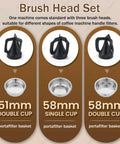 Cut Through Stubborn Coffee Grit Like Butter With This Easy Going Electric Portafilter Cleaner Loaded With Three Heavy Duty Scrapers And Two Supple Brush Heads For Quick 51 And 58 Millimeter Espresso Basket Cleaning, featuring three brush heads and portafilter baskets.