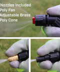 Gloved hand holding one of the three nozzles for the Made In The USA 4 Gallon Tree And Turf Pro Commercial Backpack Sprayer