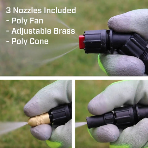 Gloved hand holding one of the three nozzles for the Made In The USA 4 Gallon Tree And Turf Pro Commercial Backpack Sprayer