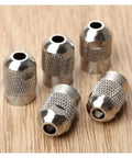 Five Piece Copper Flexible Shaft Screw Top Collet Adapter Set For M8 X 0.75 Threads Compatible With Dremel Style Rotary Tools, showcasing five metallic collet adapters.
