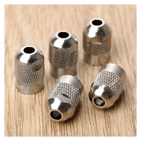 Five Piece Copper Flexible Shaft Screw Top Collet Adapter Set For M8 X 0.75 Threads Compatible With Dremel Style Rotary Tools, showcasing five metallic collet adapters.