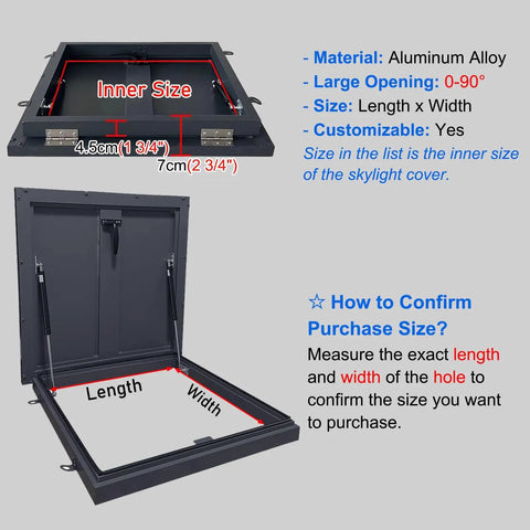 All Weather Heavy Duty Aluminum Roof Hatch Cover Attic Access Lid For Outdoor Roofs And Skylights Rust Resistant Leakproof Seal Emergency Access Yard Ready And School Factory Home Use 65x45cm, open view