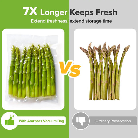 Comparison of asparagus in vacuum sealer bag vs ordinary preservation highlighting Heavy Duty Vacuum Sealer Bags For Food Storage.