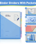 Two Pocket Binder Dividers With Eight Tabs For 3 Ring Binders, blue plastic with multicolor tabs, waterproof features