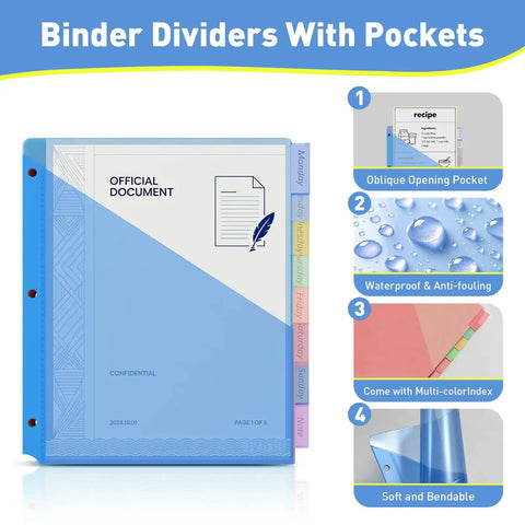 Two Pocket Binder Dividers With Eight Tabs For 3 Ring Binders, blue plastic with multicolor tabs, waterproof features