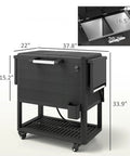 104 Quart Outdoor Cooler On Wheels With Bottle Opener And Shelves Rolling Ice Chest For Pool Decks Poolside Parties BBQs And Backyard Hangouts Built In Divider For Separate Drinks And Fruit Black, dimensions shown