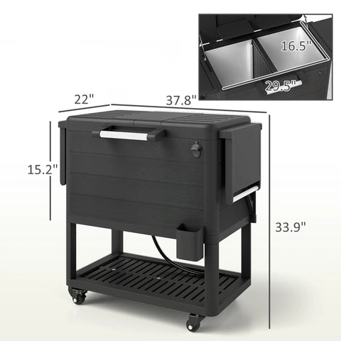 104 Quart Outdoor Cooler On Wheels With Bottle Opener And Shelves Rolling Ice Chest For Pool Decks Poolside Parties BBQs And Backyard Hangouts Built In Divider For Separate Drinks And Fruit Black, dimensions shown