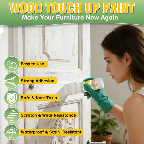Woman applying White Touch Up Paint For Wood And Household Fixes, 6.35 Oz Water Based All In One Repair Gel on cabinet.