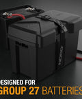 Snap Top Battery Containment Case For Group 27 12 Volt Cells Road Ready Design For Marine And Campers side view with straps