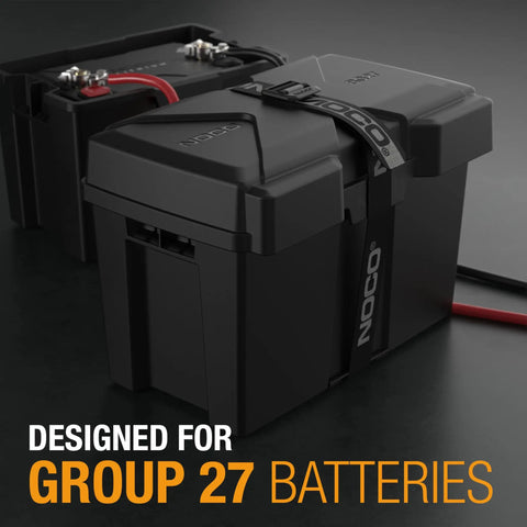 Snap Top Battery Containment Case For Group 27 12 Volt Cells Road Ready Design For Marine And Campers side view with straps