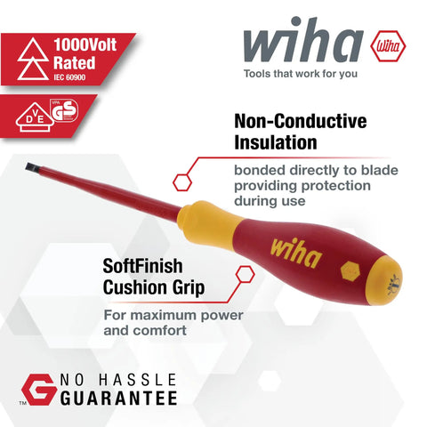 Slotted And Phillips Insulated Screwdriver Set 13 Piece 1000V VDE Rated With SoftFinish Handle Black Oxide For Electricians Pro Grade Gear DIY Enthusiasts, showcasing a screwdriver with SoftFinish grip and non-conductive insulation in red and yellow.