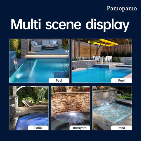 Pond Waterfall Spillway Pool Fountain Water Feature In Black Stainless Steel in multi-scene display by pool, patio, backyard, pond
