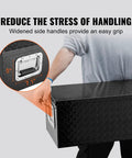 Road Ready Heavy Duty Aluminum Truck Bed Toolbox Featuring Diamond Plate Shield And Tamper Proof Latching For Rough Daily Runs And Tailgate Chasing 48 Inch Black Storage Case with widened side handles for easy grip.