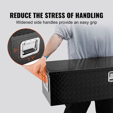 Road Ready Heavy Duty Aluminum Truck Bed Toolbox Featuring Diamond Plate Shield And Tamper Proof Latching For Rough Daily Runs And Tailgate Chasing 48 Inch Black Storage Case with widened side handles for easy grip.