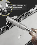 Close-up of diamond burr file sharpening a chainsaw blade with 8 Piece Diamond Chainsaw Sharpener Burr Stone Files Set Built Tough For Real Pro Grade Sharpening Power Heavy Duty Titanium Plated Three Sixteenths Inch High Hardness Diamond Wheels For Electric Chainsaw Sharpener.