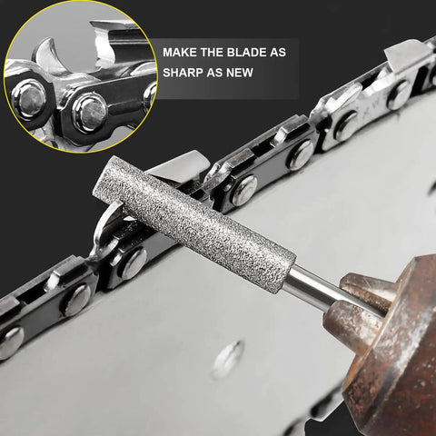 Close-up of diamond burr file sharpening a chainsaw blade with 8 Piece Diamond Chainsaw Sharpener Burr Stone Files Set Built Tough For Real Pro Grade Sharpening Power Heavy Duty Titanium Plated Three Sixteenths Inch High Hardness Diamond Wheels For Electric Chainsaw Sharpener.
